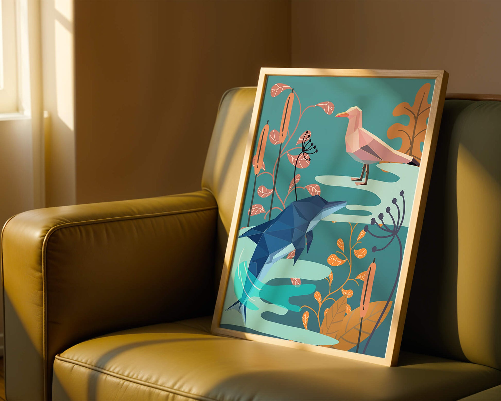 Geometric Dolphin and Seagull with Floral Elements in Abstract Nature