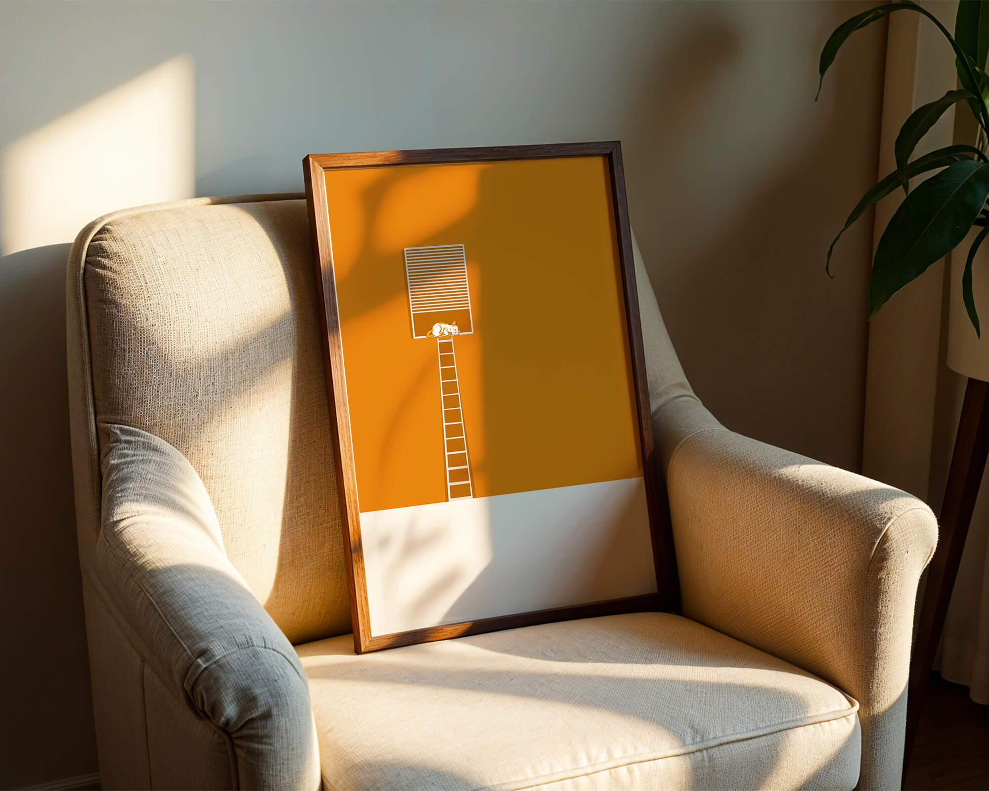 Cat Sleeping on Elevated Platform Against Orange Background