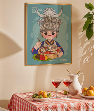 Charming illustration of a person in traditional attire enjoying a meal