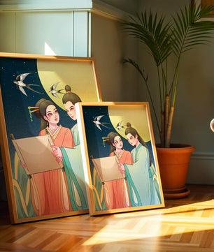 Elegant illustration of traditional attire with scroll and swallows under a full moon
