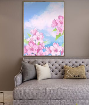 Ilustración de flores rosadas contra un cielo azul vibrante con nubes
