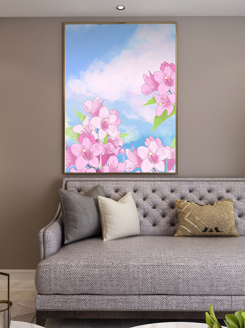 Ilustración de flores rosadas contra un cielo azul vibrante con nubes