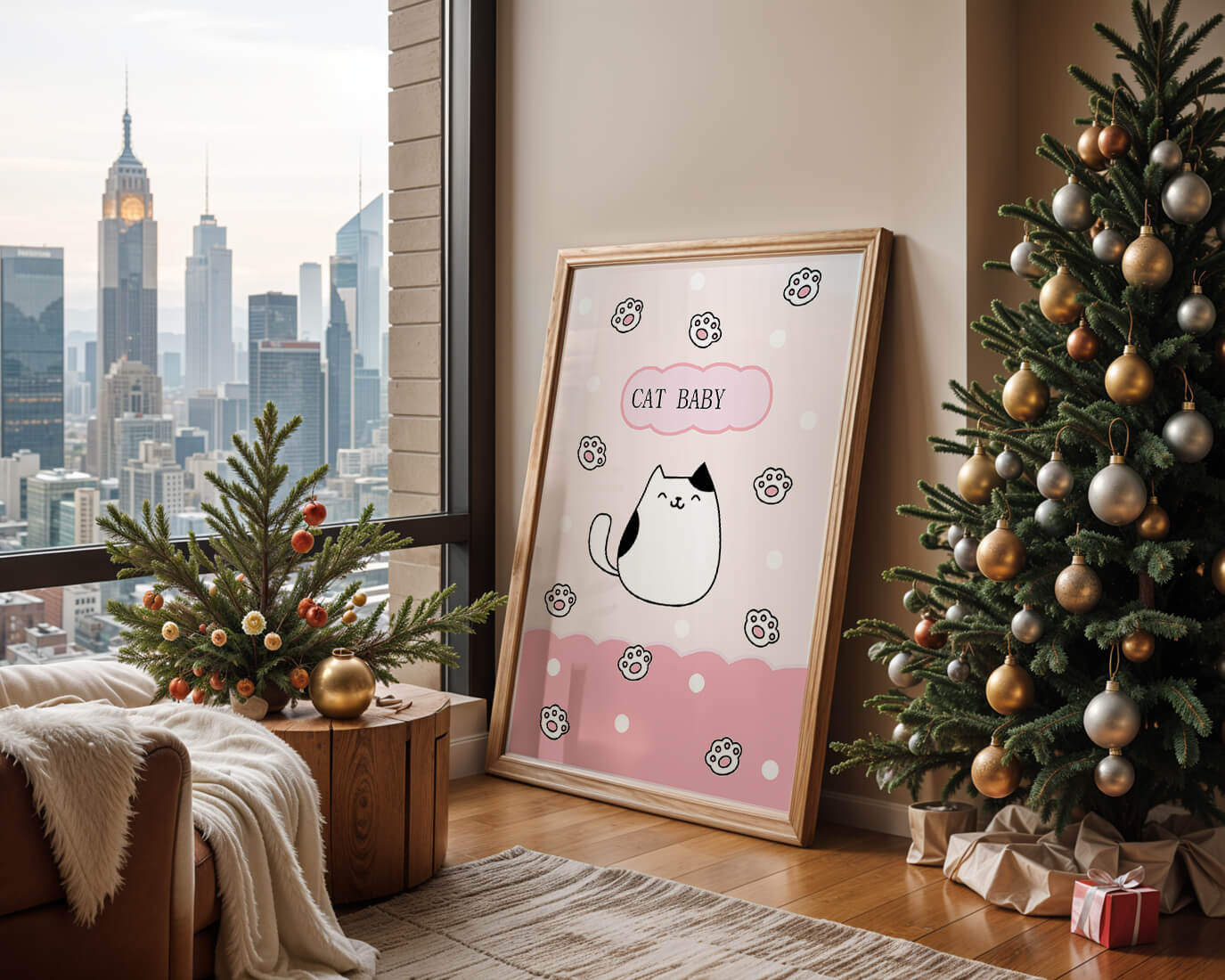 Adorable cat baby illustration with cute paw prints and polka dots