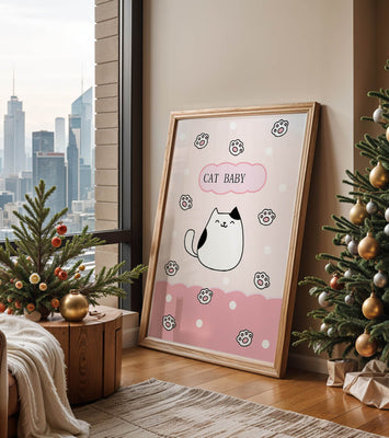 Adorable cat baby illustration with cute paw prints and polka dots