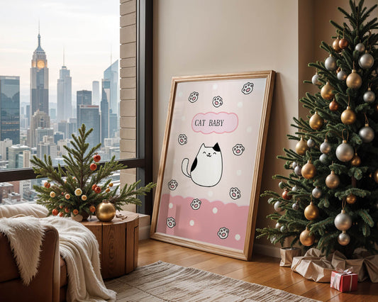 Adorable cat baby illustration with cute paw prints and polka dots