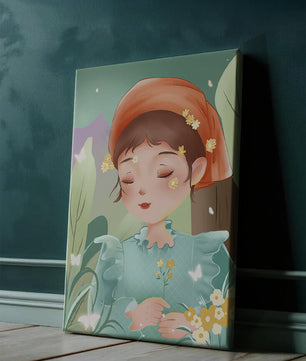 Ilustración serena de una chica en la naturaleza con flores y mariposas
