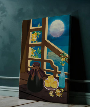Noche iluminada por la luna con pasteles de luna y decoración floral sobre una mesa de madera