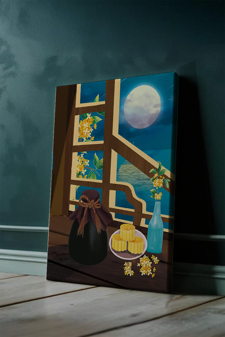 Noche iluminada por la luna con pasteles de luna y decoración floral sobre una mesa de madera