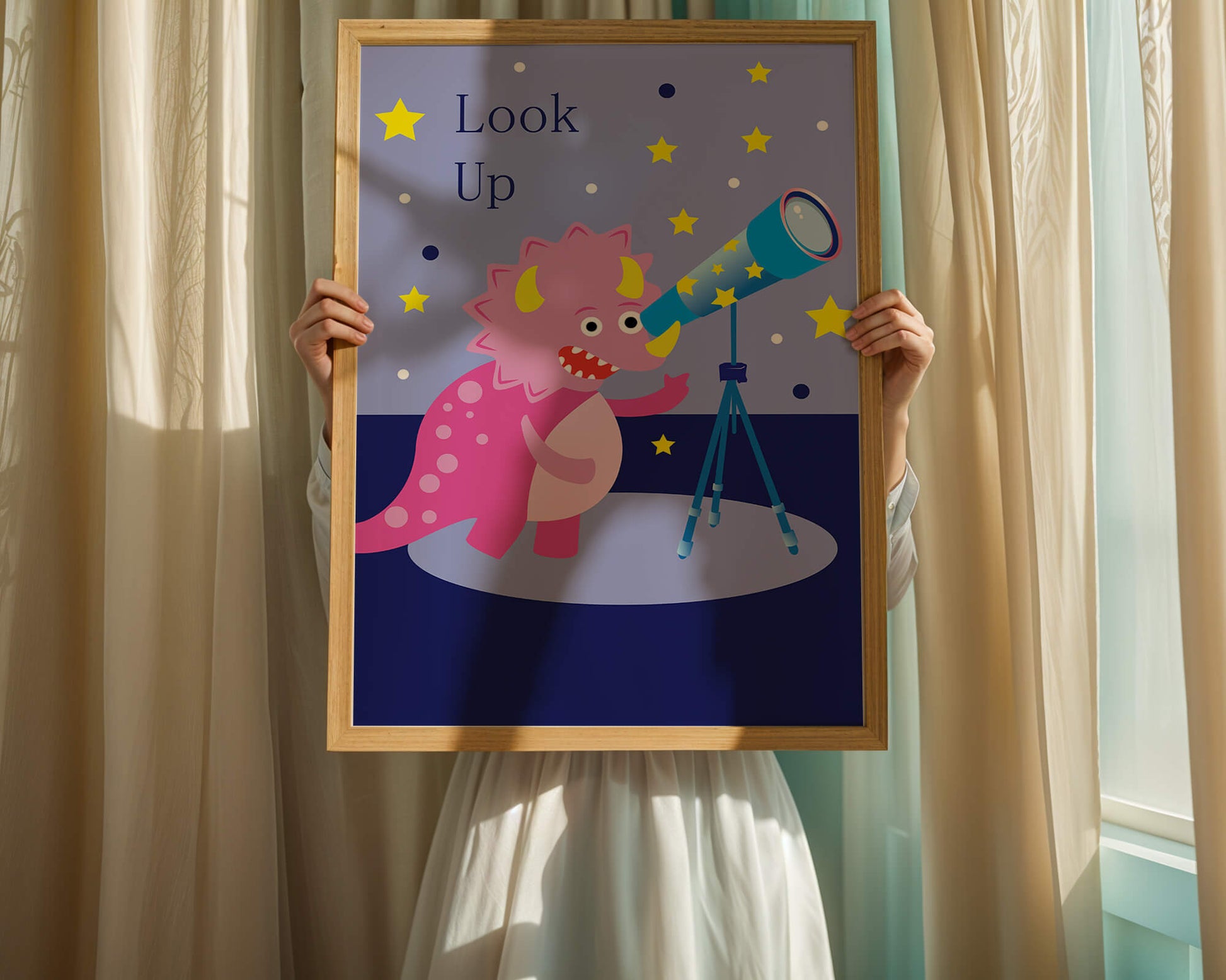 Pink cartoon dinosaur looking through a telescope with stars