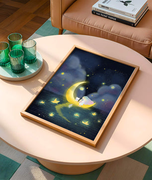Whimsical night scene with child and cat on crescent moon