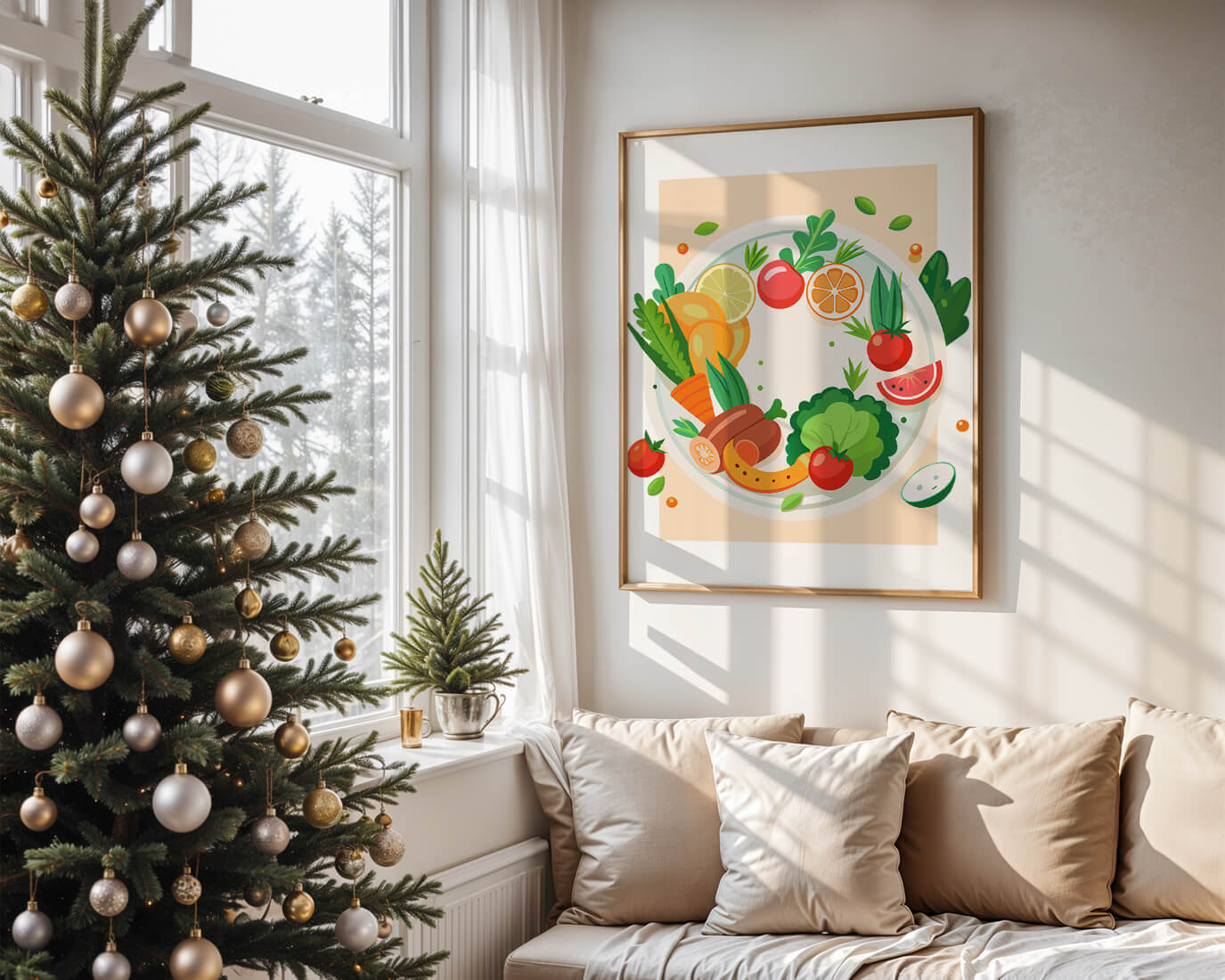 Illustration of a colorful plate of fresh fruits and vegetables