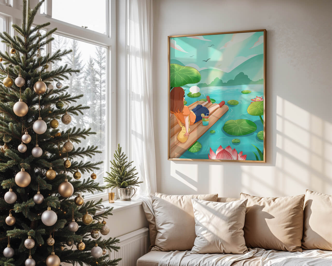 Peaceful lake scene with raft and relaxing atmosphere