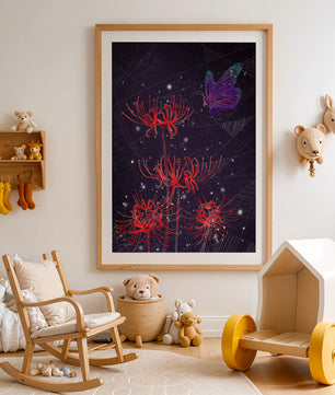 Vivid Night Sky with Red Spider Lilies and Purple Butterfly - Mi tienda