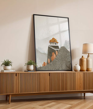 Serene landscape with traditional pagoda and autumn trees