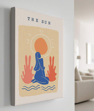 Modern abstract art poster featuring the sun and a serene figure in blue and coral tones - Mi tienda