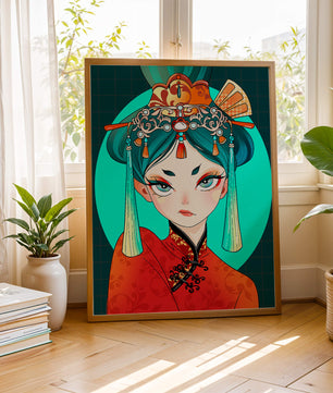 Elegant illustration of a woman in traditional attire with intricate headpiece
