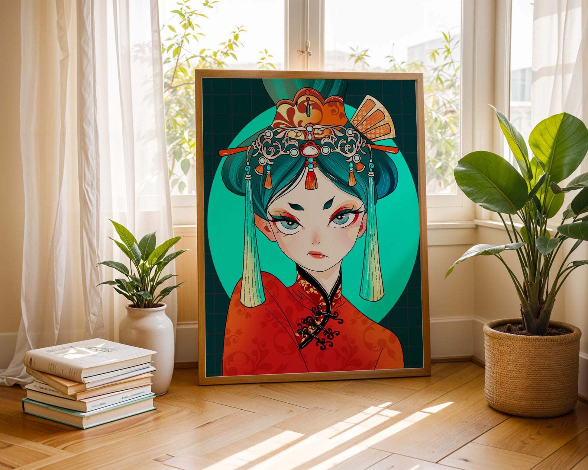 Elegant illustration of a woman in traditional attire with intricate headpiece