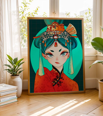 Elegant illustration of a woman in traditional attire with intricate headpiece