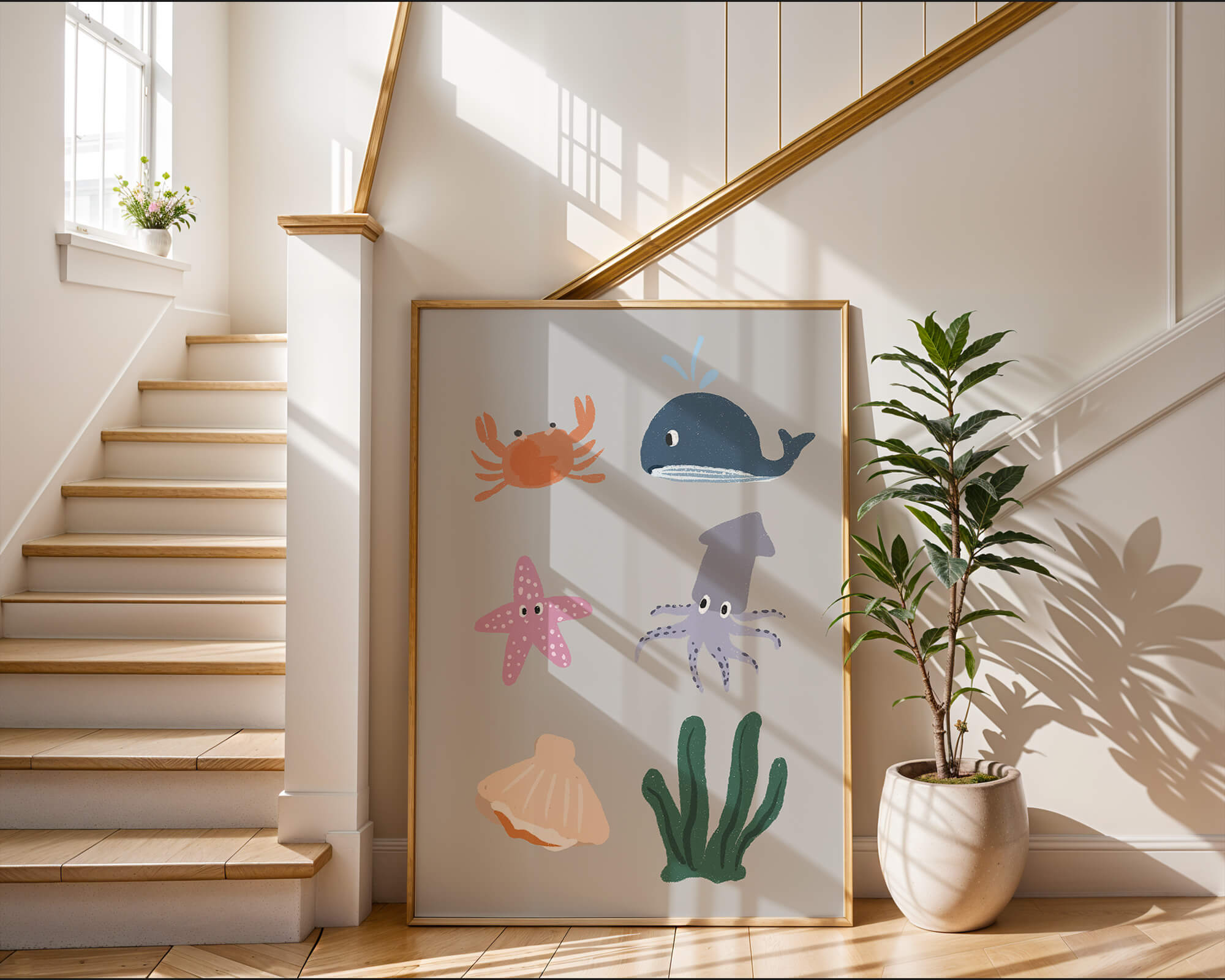Illustration of whimsical sea creatures and marine elements on a grey background