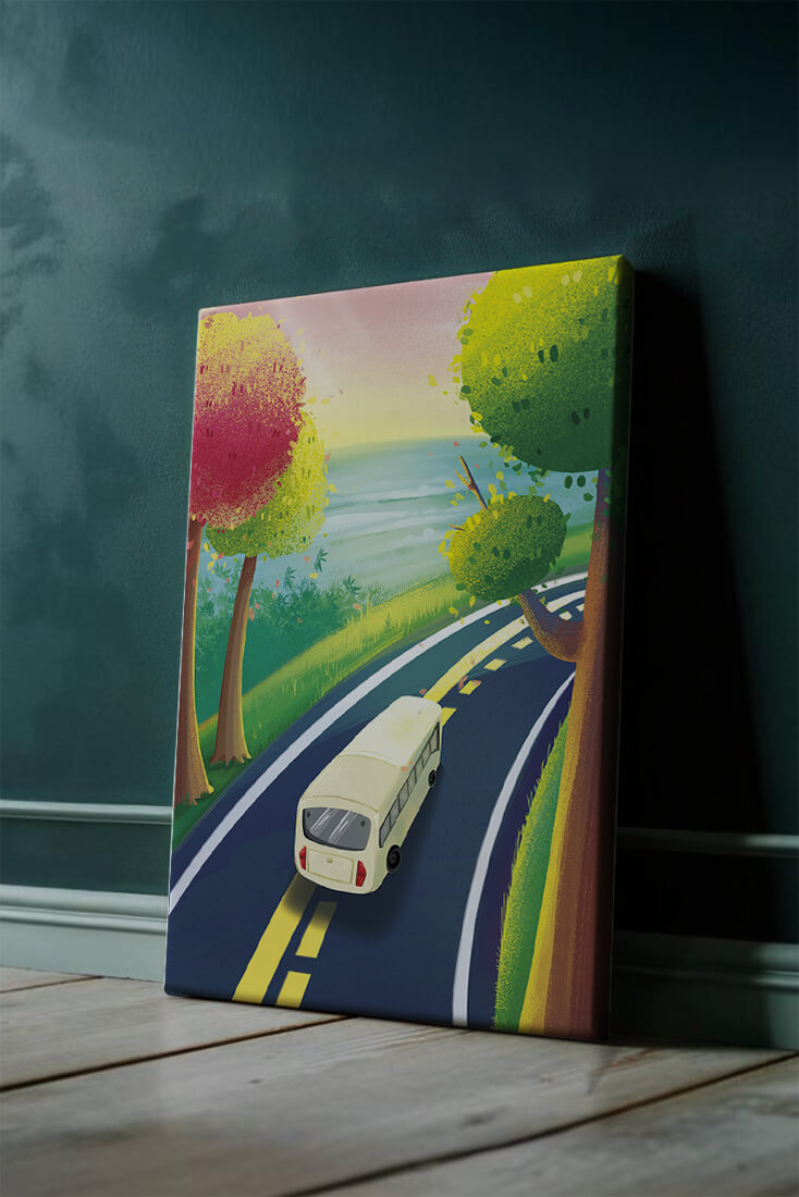 Scenic Road Trip with Vibrant Trees and Sunset