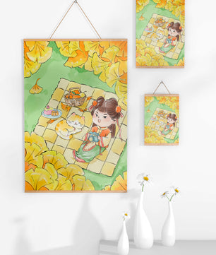 Charming autumn picnic scene with girl and cat surrounded by ginkgo leaves