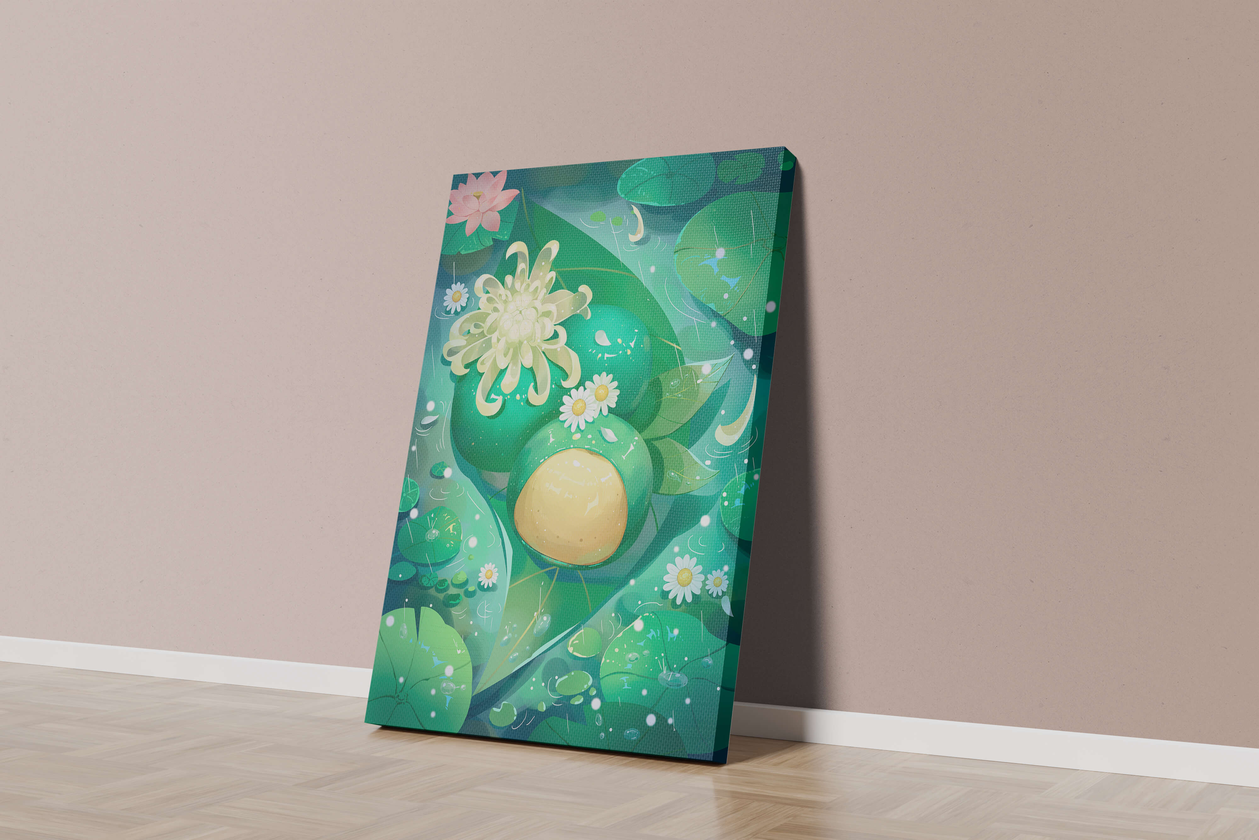 Lush aquatic scene with lotus flowers and green leaves