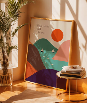 Abstract landscape with vibrant colors and geometric shapes