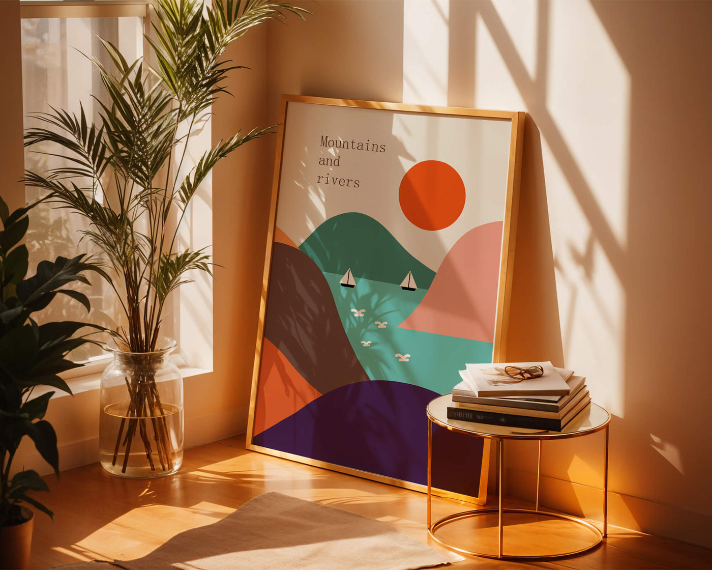 Abstract landscape with vibrant colors and geometric shapes