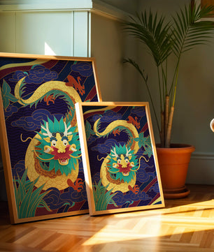 Illustration de dragon coloré avec des nuages ​​et des éléments de feuillage