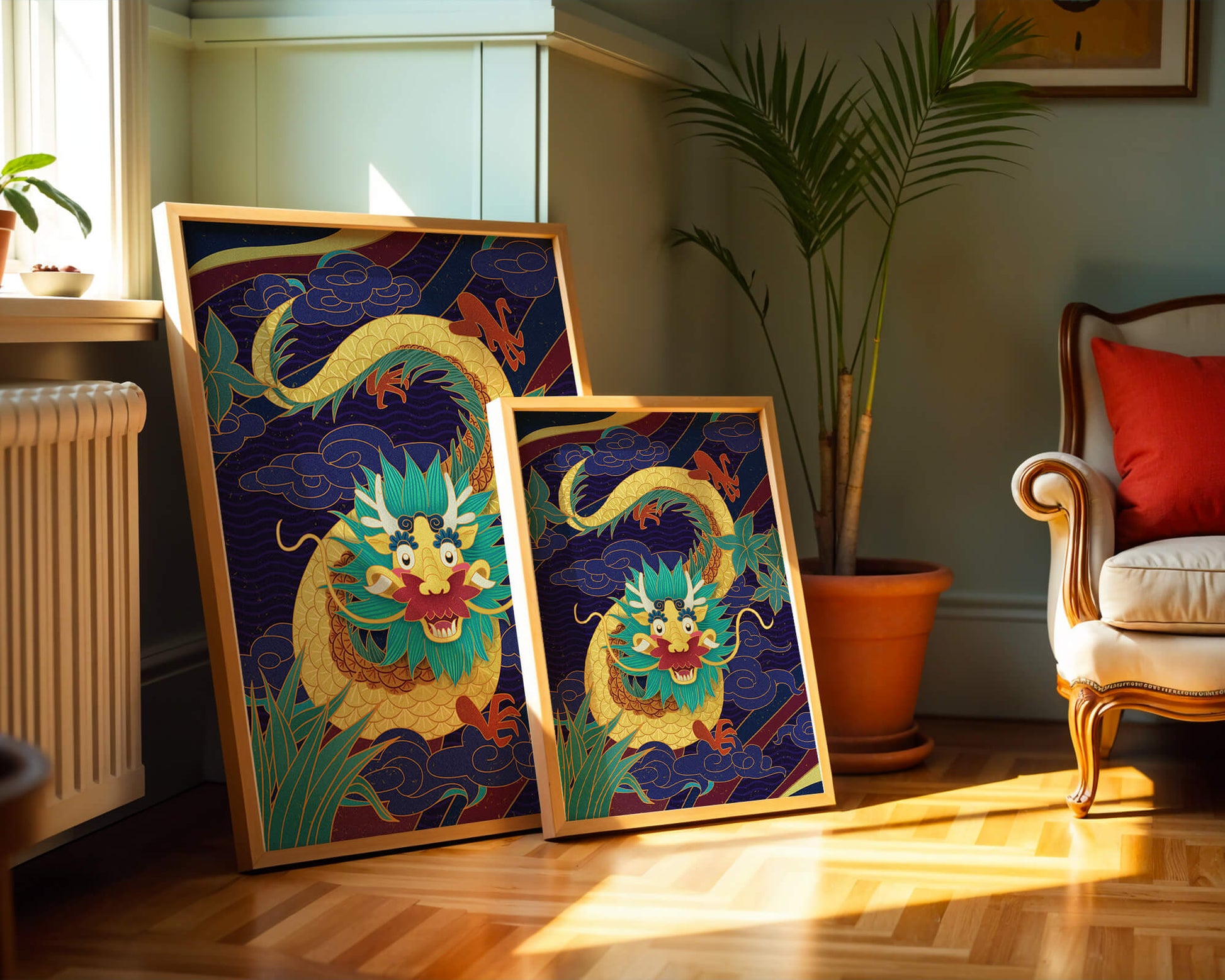 Illustration de dragon coloré avec des nuages ​​et des éléments de feuillage