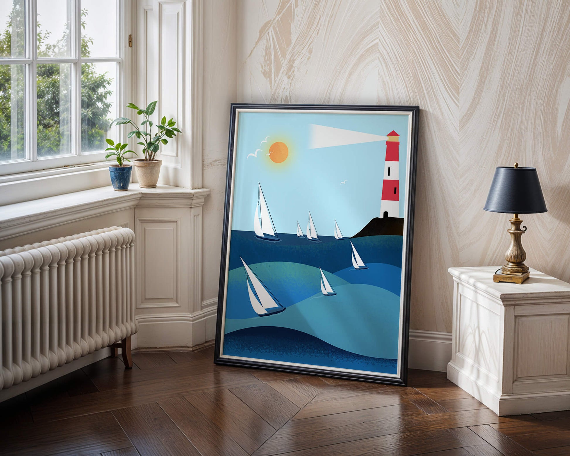 Coastal scene with sailboats and lighthouse on a bright sunny day
