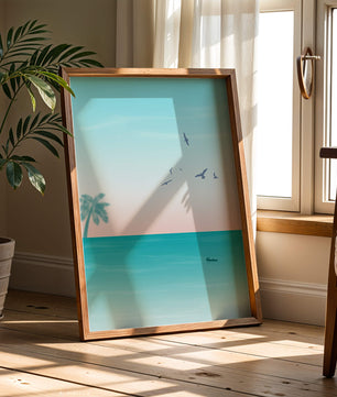 Serene Beach Landscape with Palm Trees and Seagulls at Sunset