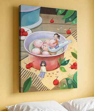 Charming illustration of children with dessert in a whimsical setting