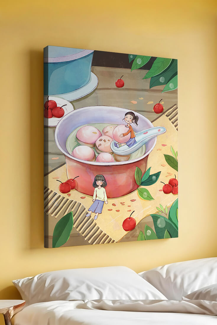 Charming illustration of children with dessert in a whimsical setting