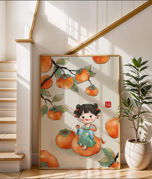 Illustration of a girl sitting on a persimmon surrounded by fruit and leaves