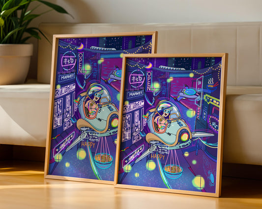 Futuristic cityscape with a flying delivery vehicle and neon signs