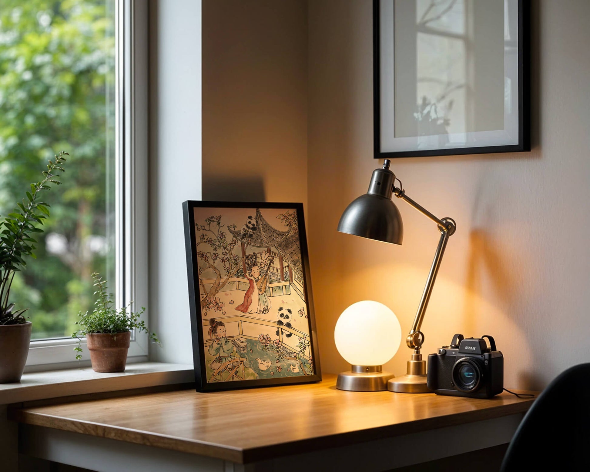 Escena tranquila de jardín asiático con pandas y flores