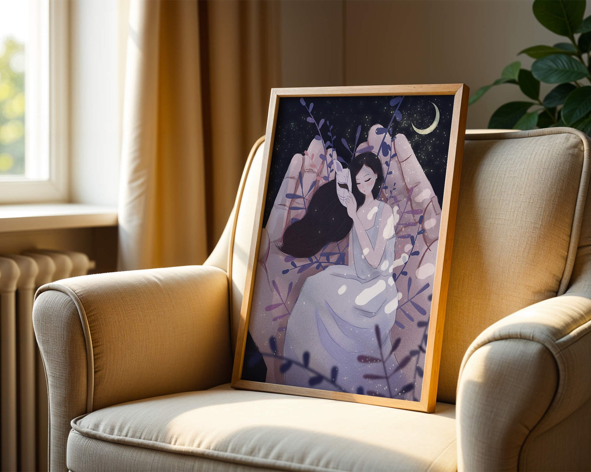 Un momento tierno bajo la luz de la luna con máscara y atmósfera onírica