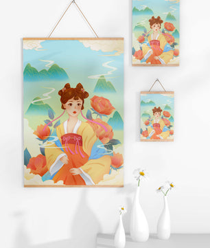 Traditional Asian Art with Woman in Hanfu Surrounded by Mountains and Peonies