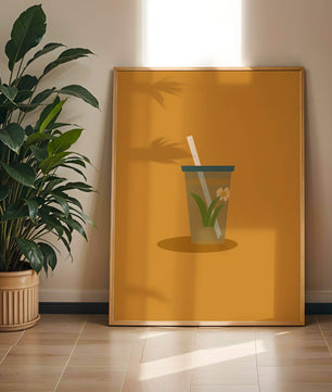 Illustration of a Drink with Botanical Element and Straw on Orange Background - Mi tienda