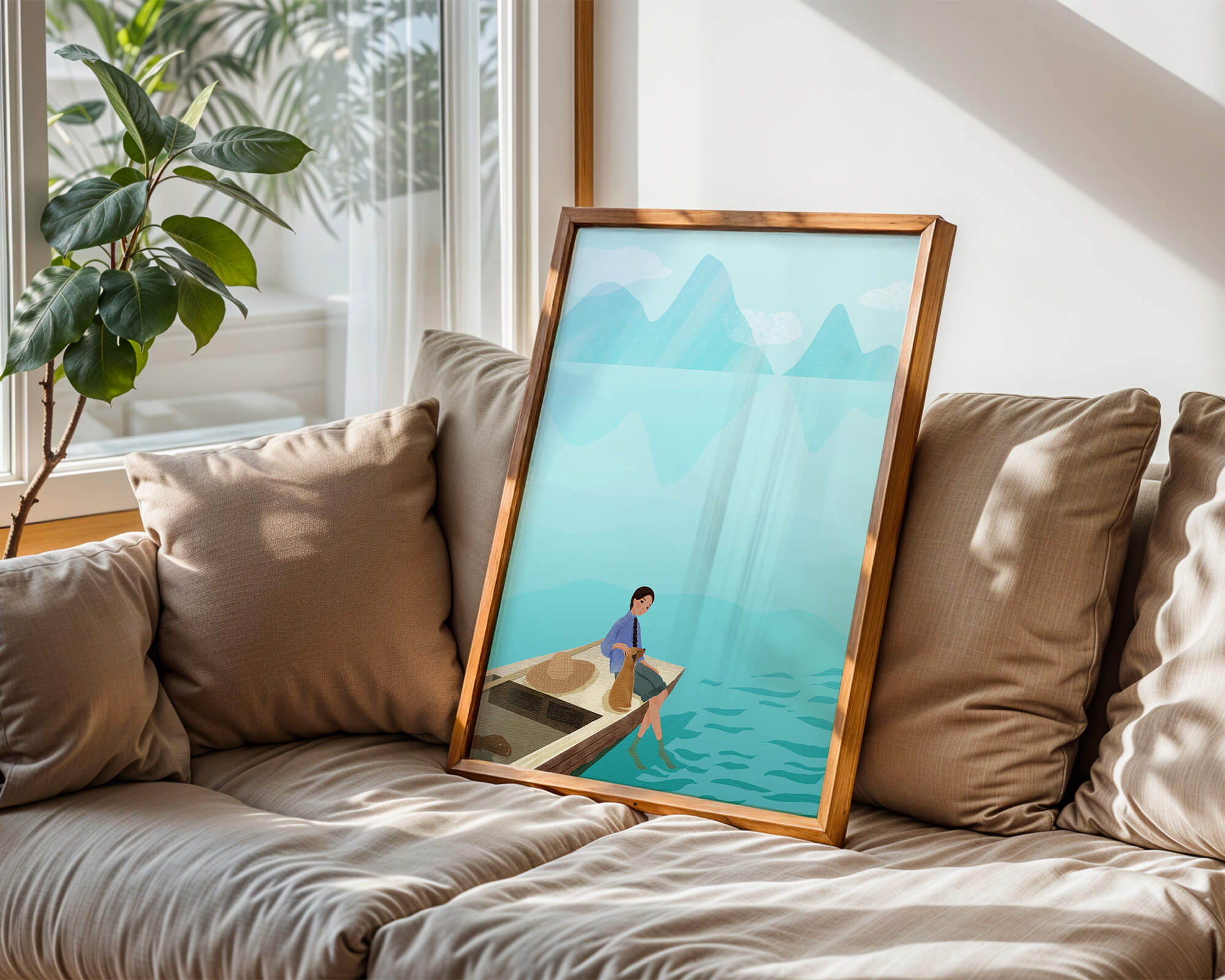 Serene scene with woman and dog on a boat by tranquil waters