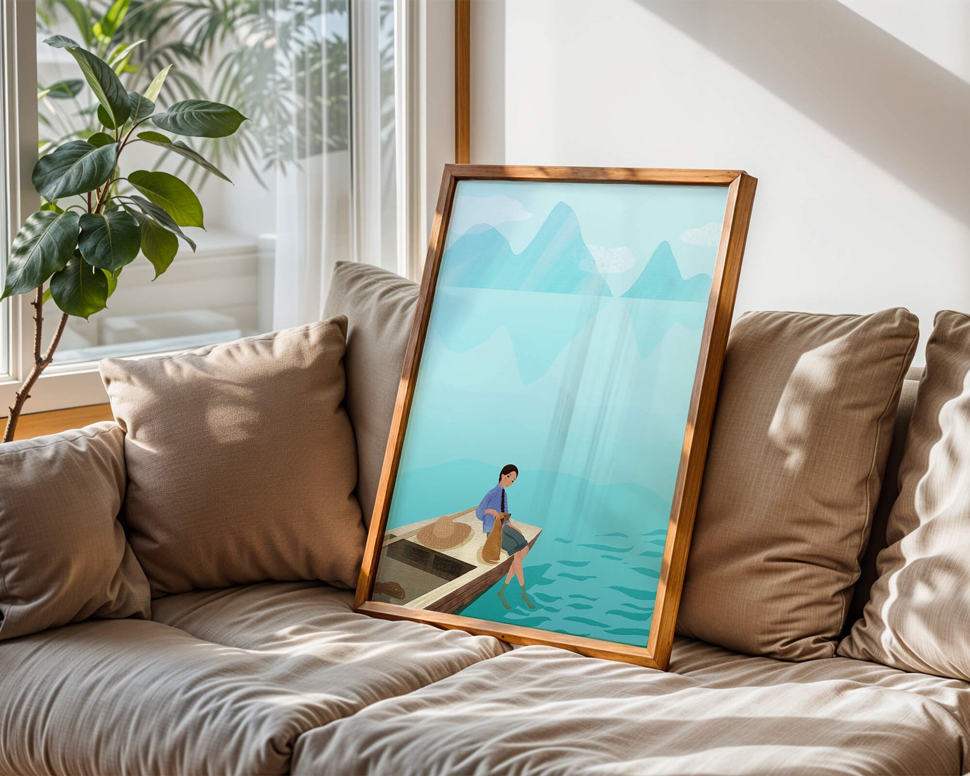 Serene scene with woman and dog on a boat by tranquil waters