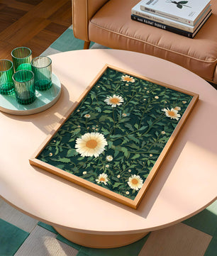 Floral pattern with daisies on a dark green background