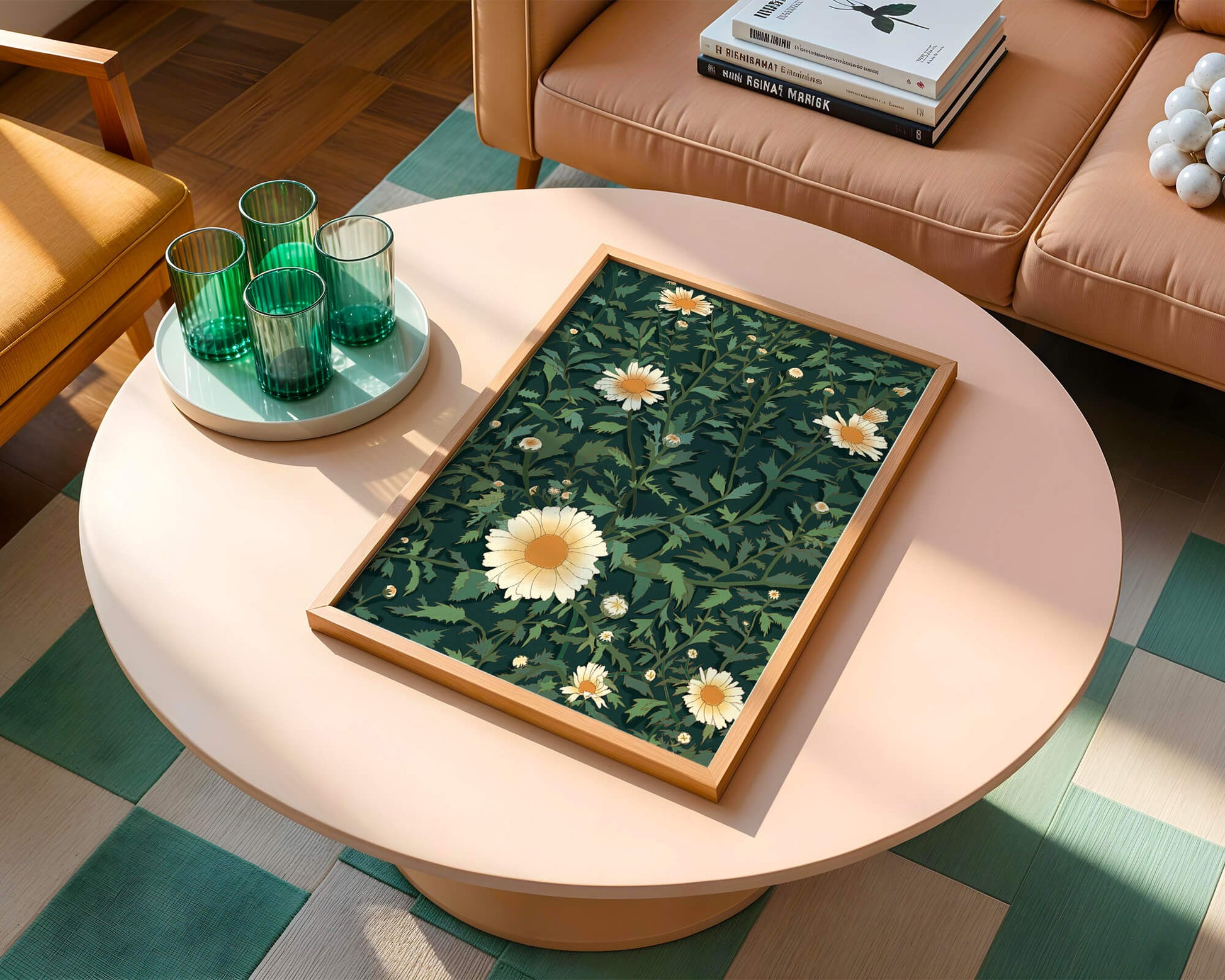 Floral pattern with daisies on a dark green background