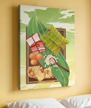 Traditional dumplings wrapped in leaves with ingredients on a vibrant background