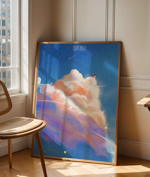 Whimsical illustration of superboy with dreamy cloudscape