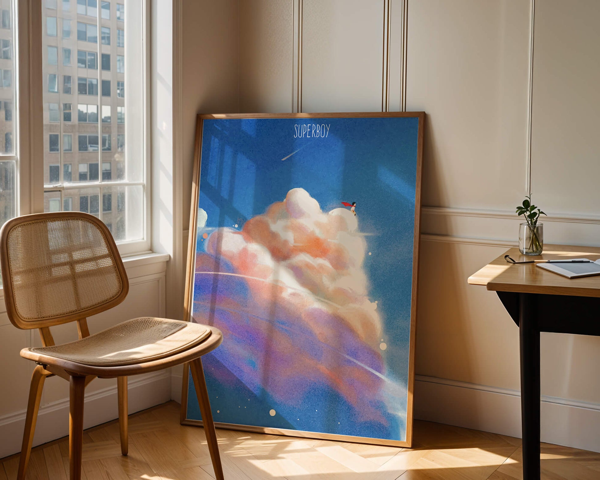Whimsical illustration of superboy with dreamy cloudscape