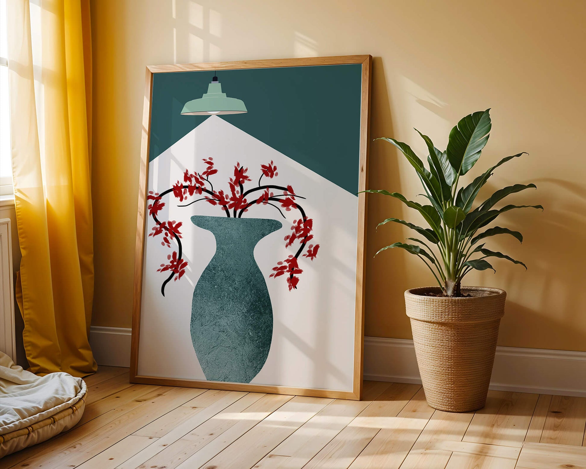 Modern Minimalist Vase with Red Flowers Under Green Lamp