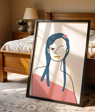 Abstract Portrait with Blue Hair and Floral Accent - Mi tienda