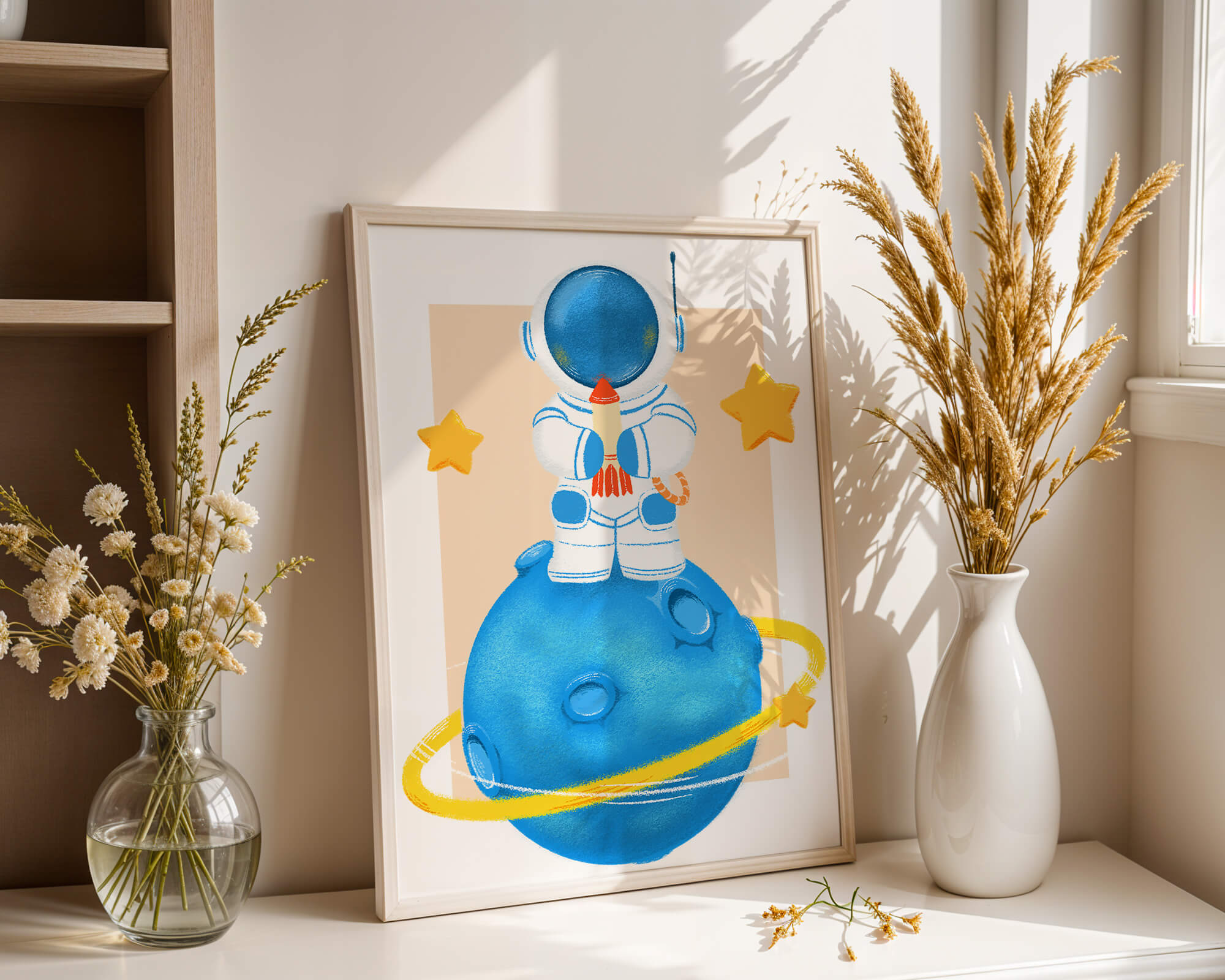 Charming illustration of an astronaut on a blue planet with stars